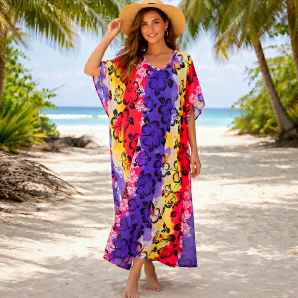 Kaftan Maxi Dress Swimsuit Coverup Tropical Hibiscous Floral 2X 🌺 NEW